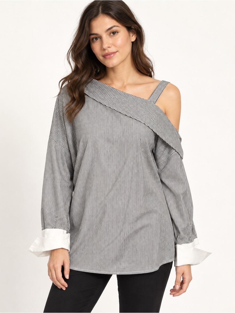 Avant-garde Pinstripe asymmetrical one shoulder foldover collar  tunic top